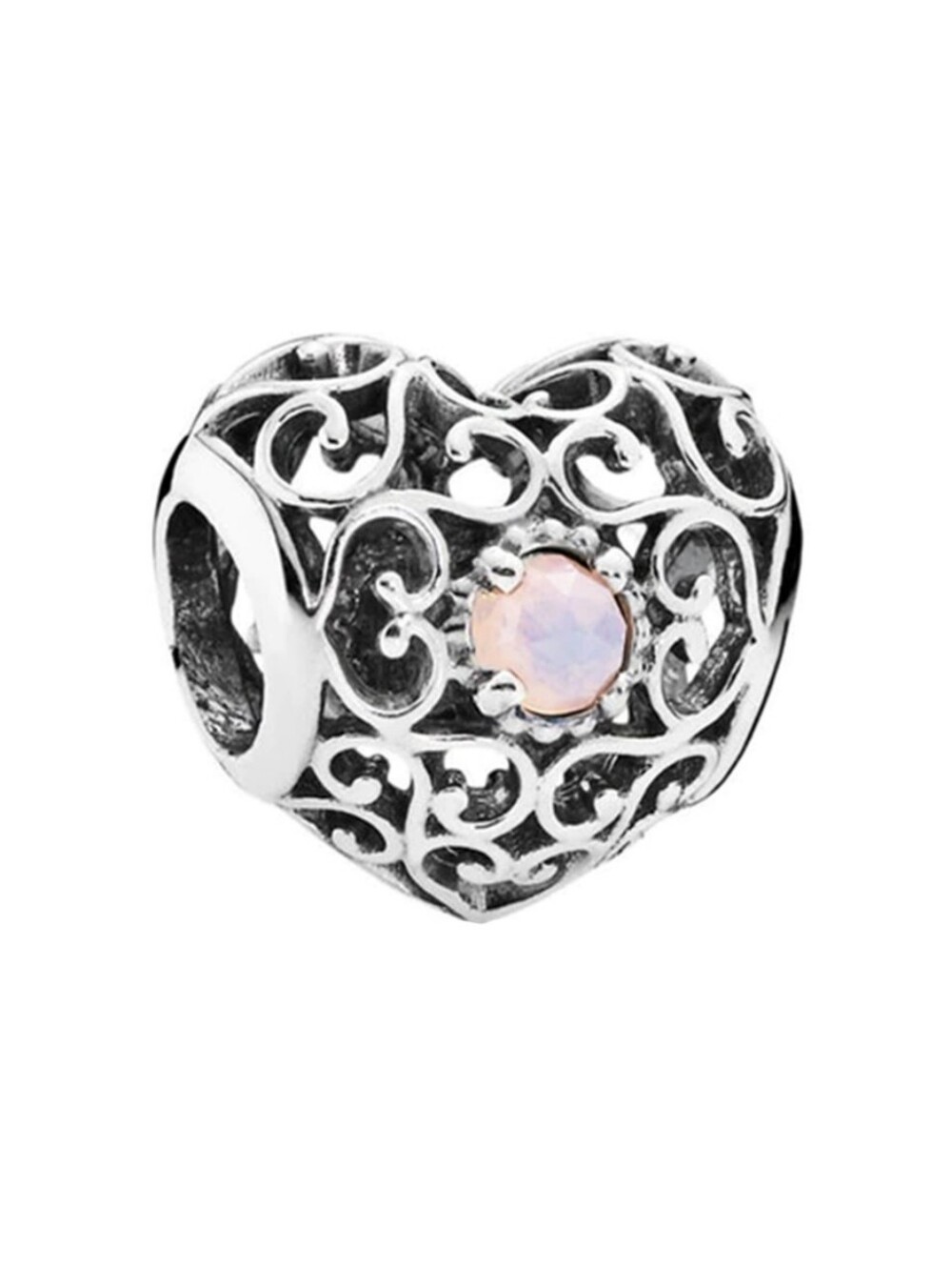 PANDORA Signature Heart October Birthday Filigree Charm Opal Stone